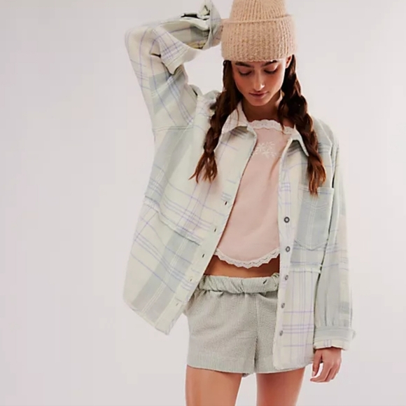 Free People We The Free Cozy and Plaid Button Front Drop Shoulder Top Size XS - Picture 1 of 13